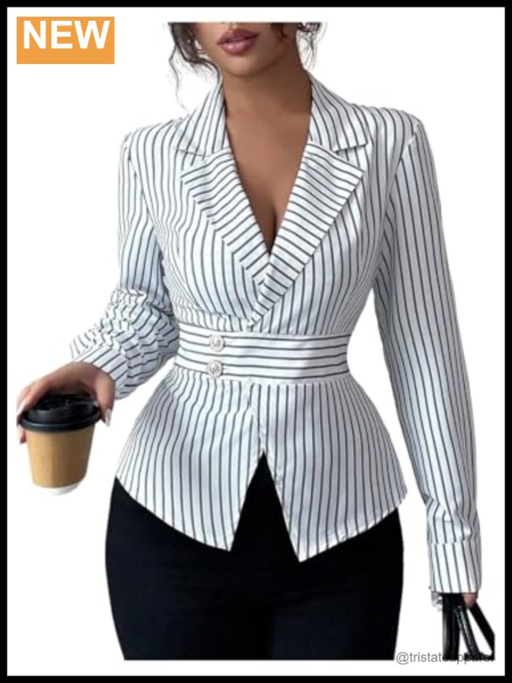 Long Sleeve Striped Blouse Work Shirt Lapel Collar Polyester